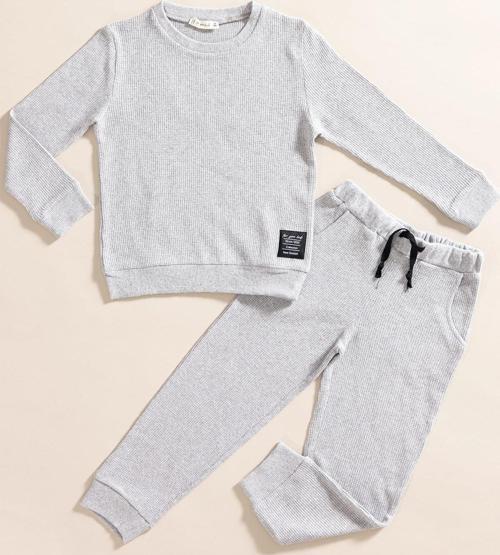 2'li Pamuk Waffle Sweat Jogger Açık Gri Alt Üst Takım
