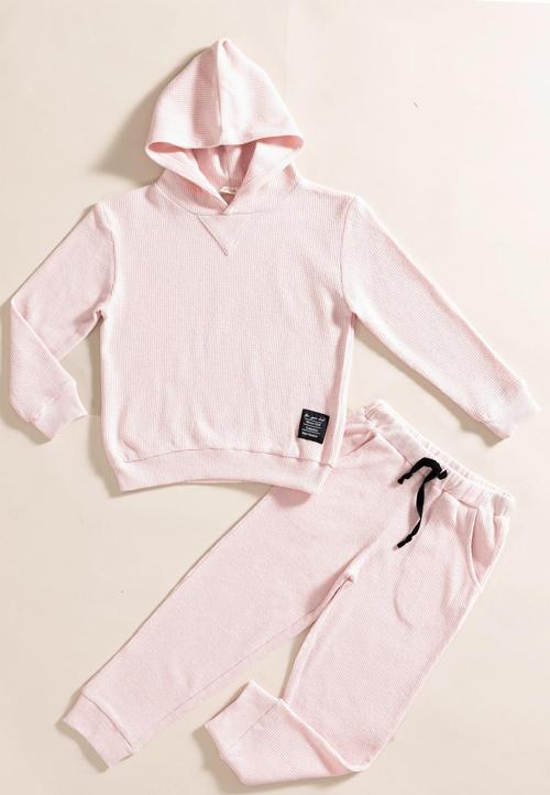 2'li Kapişonlu Pembe Waffle Sweat Jogger Alt Üst Takım