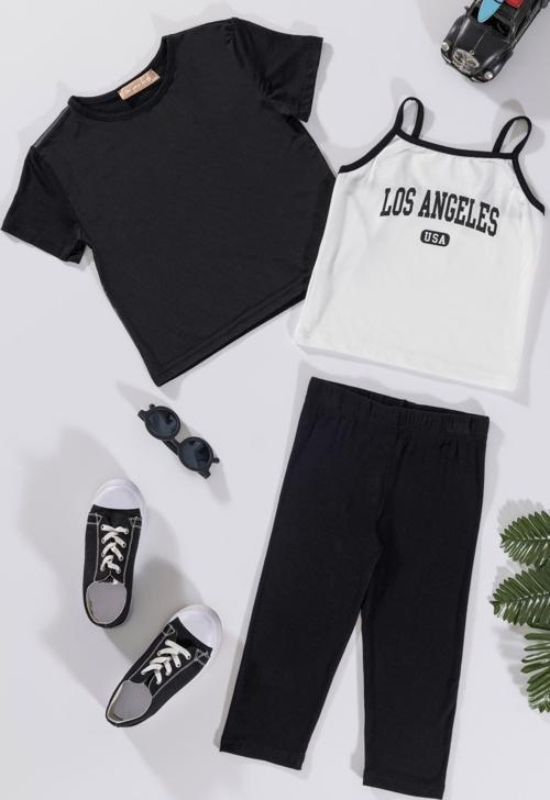 3'lü Los Angeles Baskılı Tshirt Atlet Tayt Siyah Takım