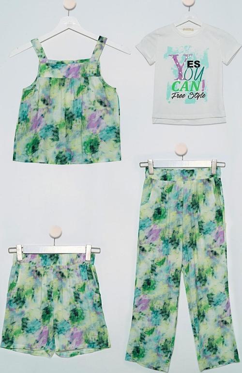 4'lü Batik Bluz Tshirt Pantolon Şort Yeşil Takım