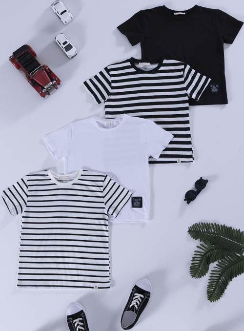 4'lü Etiket Detaylı Cizgili Siyah Beyaz Tshirt
