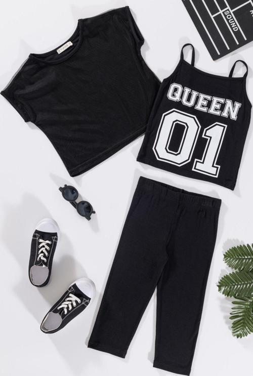 3'lü Queen Baskılı Siyah Tshirt Atlet Tayt Siyah Takım