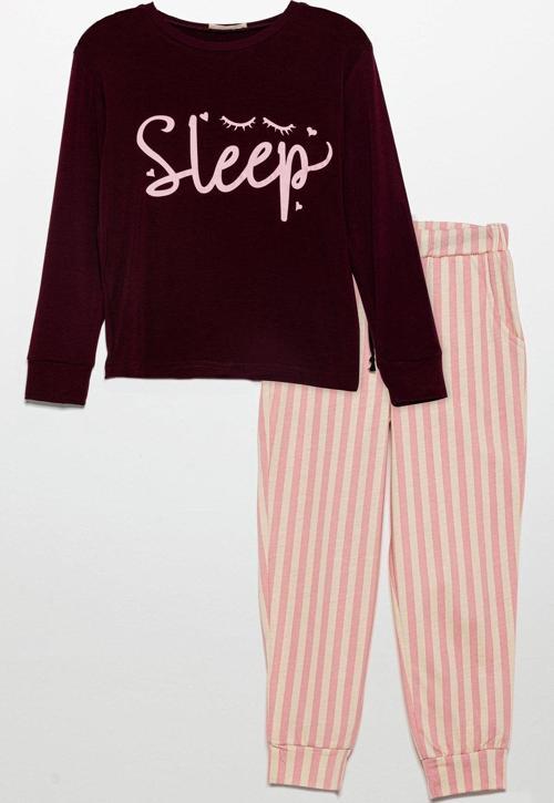 Sleep Baskılı Doğal Viskon Bordo Pijama Takımı