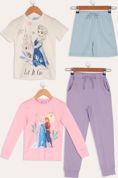 4'lü Frozen Baskılı Pudra Tshirt Şort Pantolon Takım