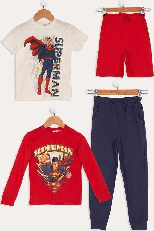 4'lü Süpermen Baskılı Tshirt Şort Pantolon Takım