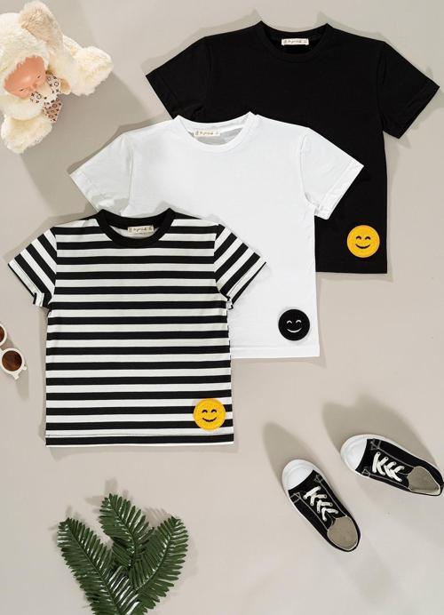 3'lü Emoji Detaylı Siyah Beyaz Çizgili Erkek Çocuk Tshirt