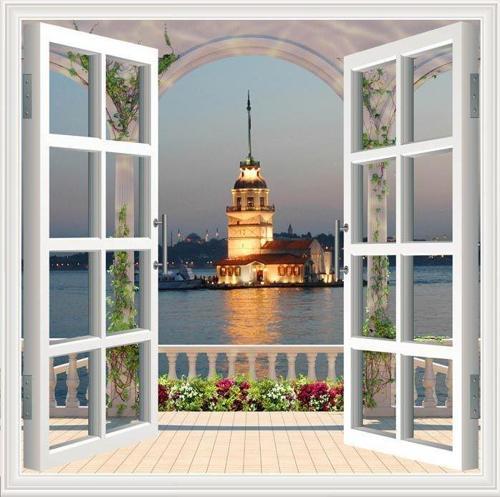 Pencere Poster Duvar Kağıdı Kız Kulesi Yapışkanlı Sticker