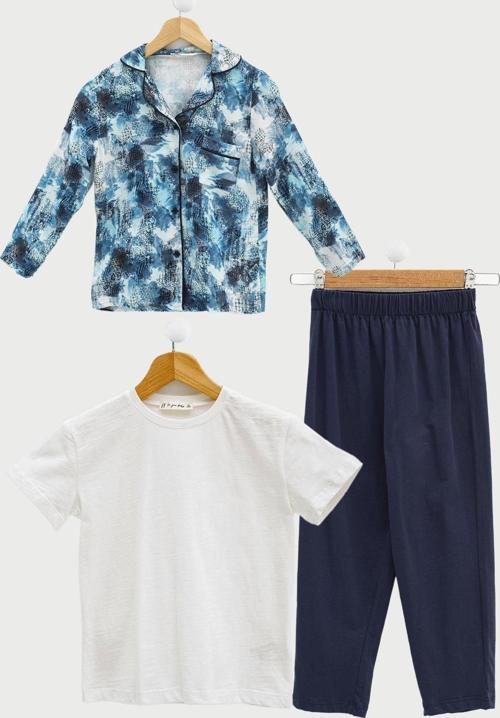 3'lü Ara Biyeli Tshirt Pantolon Saks Pijama Takımı