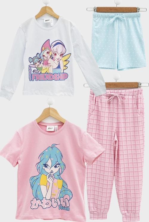 4'lü Winx Baskılı Tshirt Şort Pantolon Beyaz Takım 