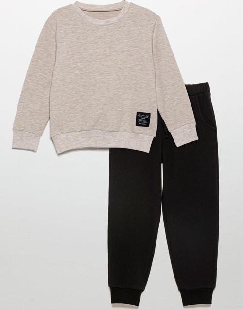 Etiket Detaylı Sweatshirt Jogger Taş Alt Üst Takım