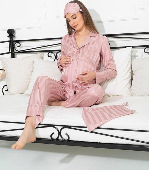 5'li Jakarlı Gül Kurusu Hamile Pijama Takımı