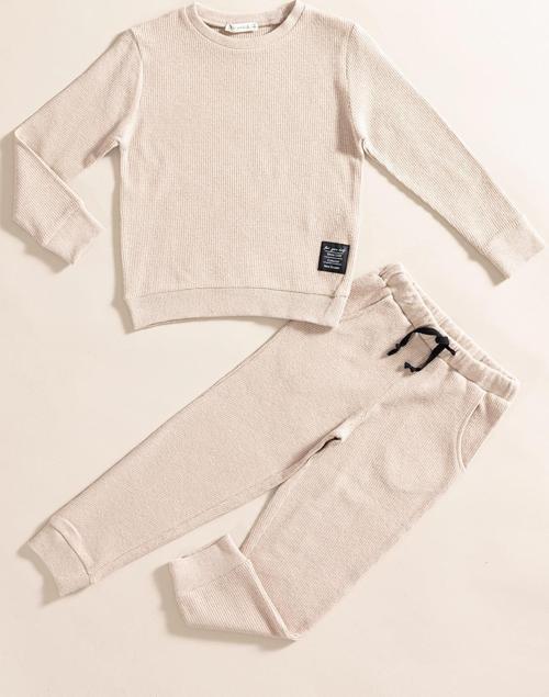 2'li Pamuk Waffle Sweat Jogger Taş Alt Üst Takım 