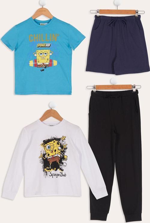 4'lü Sünger Bob Baskı Lacivert Tshirt Şort Pantolon Takım