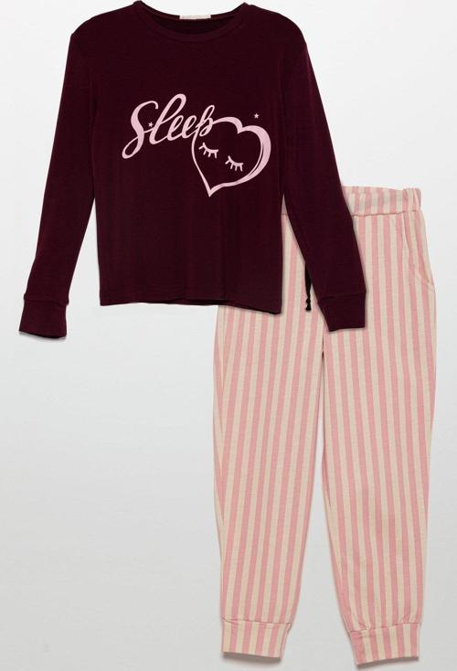 Sleep Kalp Baskılı Doğal Viskon Bordo Pijama Takımı