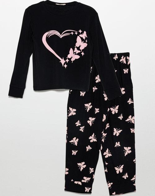 Kelebek Baskılı Doğal Viskon Siyah Pijama Takımı