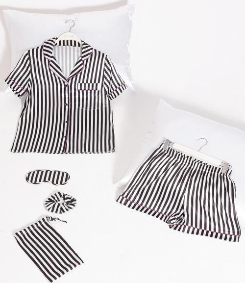 5'li Siyah Beyaz Çizgili Saten Pijama Şort Takım