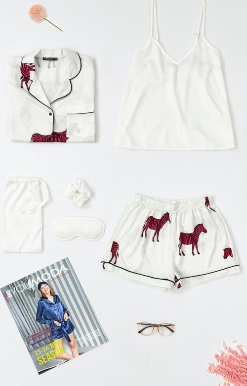 6'lı Zebra Desenli Ekru Saten Pijama Şort Takım