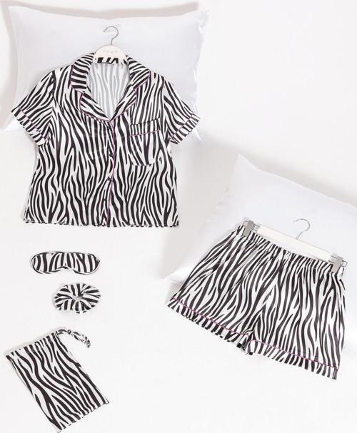 5'li Zebra Desenli Saten Pijama Şort Takım