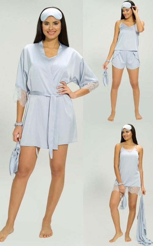 7'li Saten Bebe Mavi Dantel Detay Pijama Takımı
