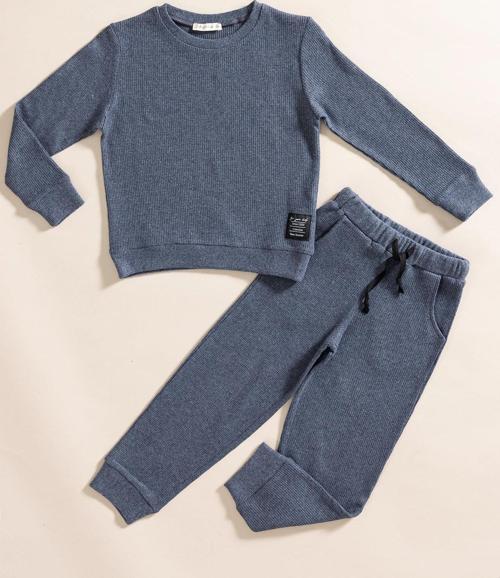 2'li Pamuk Waffle Sweat Jogger İndigo Alt Üst Takım