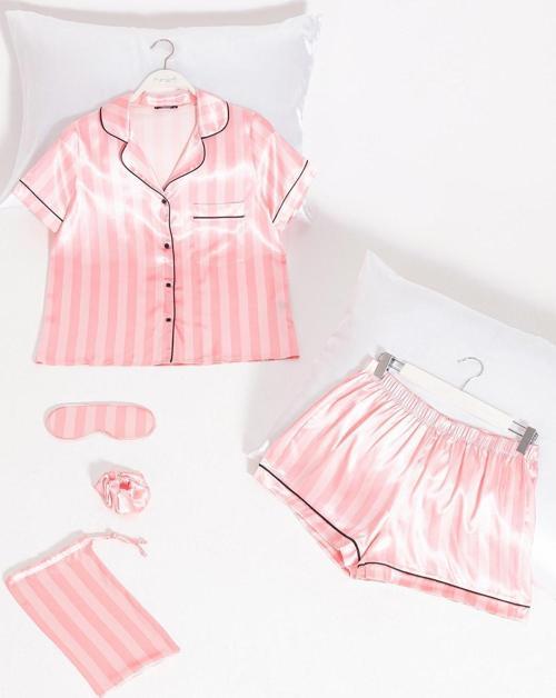 5'li Pembe Fuşya Çizgili Saten Pijama Şort Takım