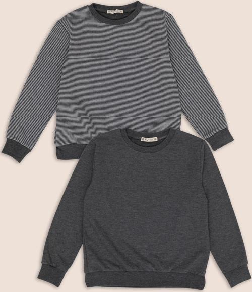 2'li Çizgili Düz Bisiklet Yaka Antrasit ve Gri Sweatshirt