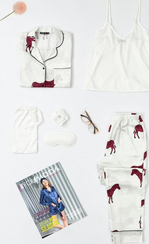 6'lı Zebra Desen Ekru Saten Pijama Takımı