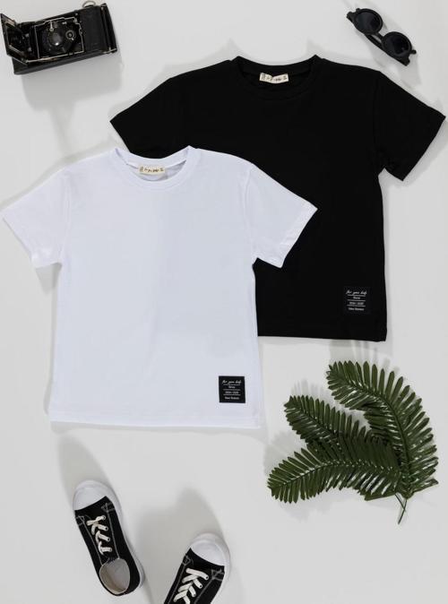 2'li Etiket Detaylı Siyah Beyaz T-shirt