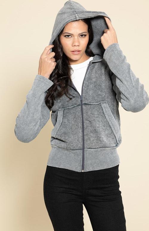Yıkamalı Fermuarlı Kapişonlu Gri Sweatshirt