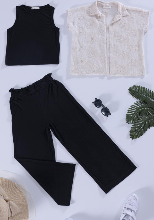 3'lü Brodeli Taş Rengi Gömlek Tshirt Pantolon Takım