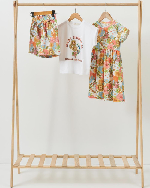 3'lü Çicekli Elbise Yeşil Takım