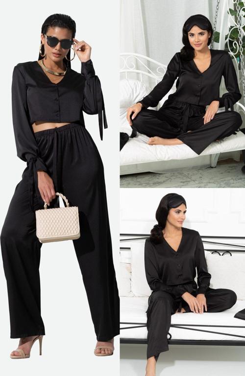5'li İçeride&Dışarıda Kol Baglama Detaylı Siyah Pijama Takım