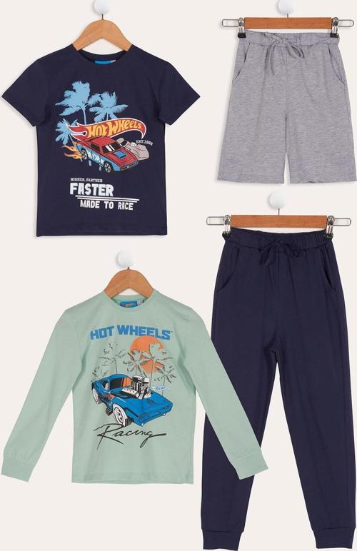 4'lü Hot Wheels Baskılı Tshirt Şort Pantolon Takım