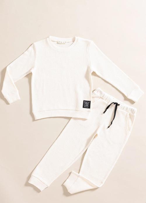 2'li Pamuk Waffle Sweat Jogger Ekru Alt Üst Takım