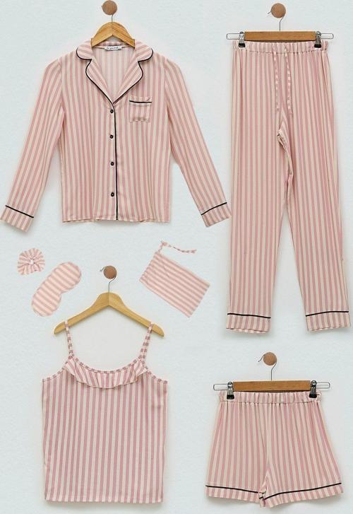 7'li Viskon Biyeli Çizgili Fuşya Pijama Takımı
