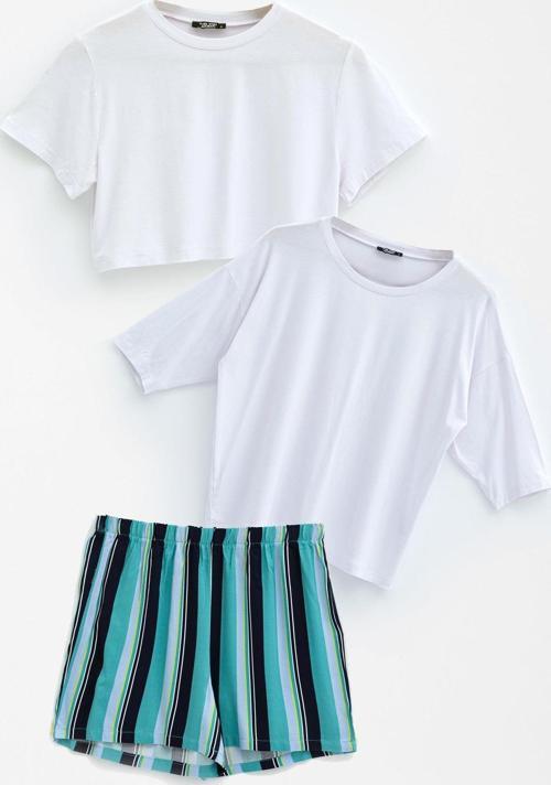 3'lü Crop Kısa  Kol ve Yarasa Kol Tshirt  Şort Takım