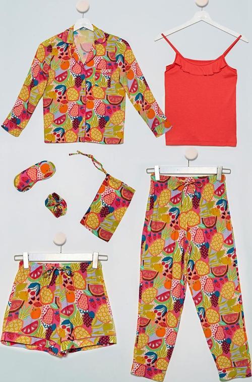7'li  Biyeli Tropikal Desen Turuncu Pijama Takımı