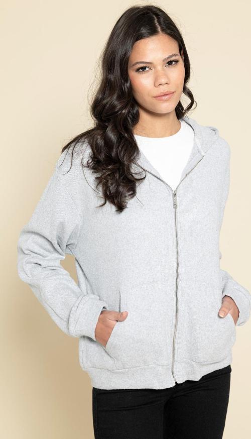 Oversize Fermuarlı Cepli Gri Sweatshirt 