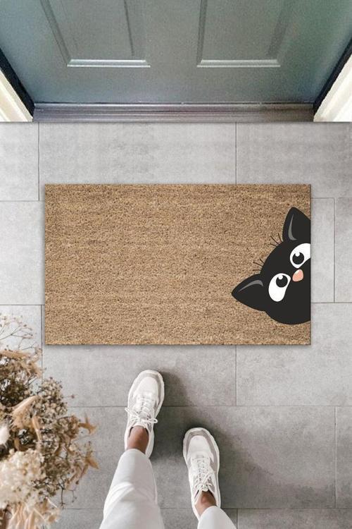 Büro Ev Ofis Kapı Önü için Baskı Kahve Kenardan Bakan Kara Kedi Motifli Paspas