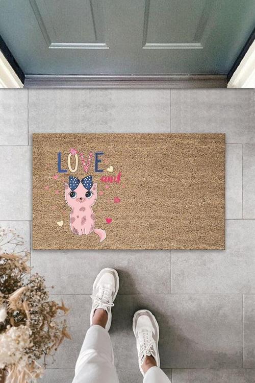 Büro Ev Ofis Kapı Önü için Baskı Kahve Love Fiyonklu Pembe Kedili Dekor Paspas