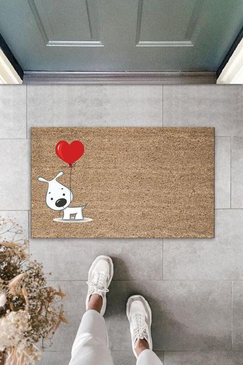 Büro Ev Ofis Kapı Önü için Baskı Kahve Kırmızı Balonlu Beyaz Köpek Motifli Paspas