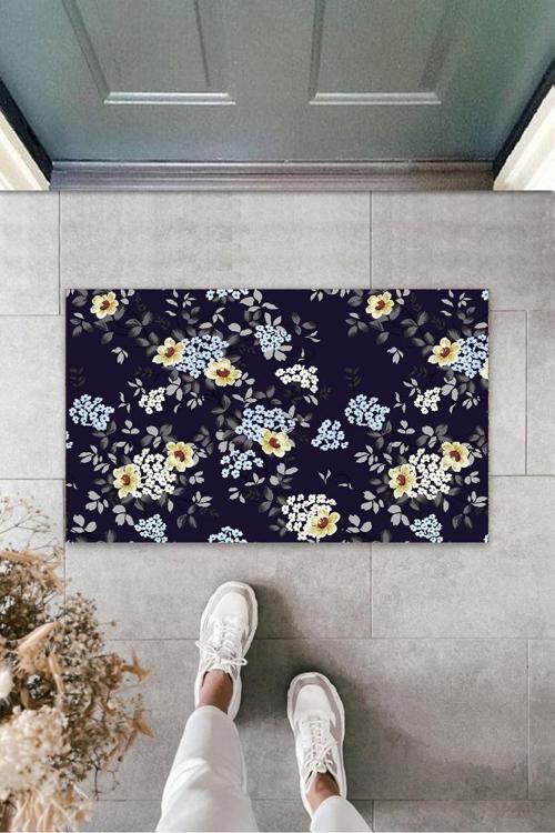 Büro Ev Ofis Dekoru için Modern Kapı Önü Paspas Lacivert Minik Çiçekler