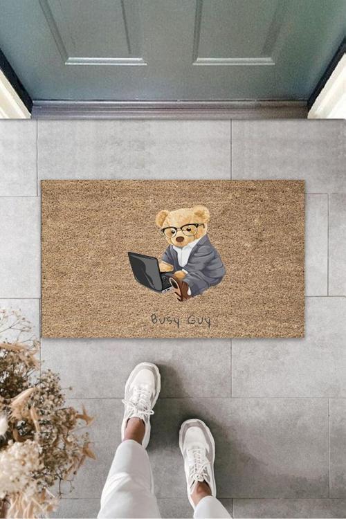Büro Ev Ofis Dekoru için Dijital Baskı Kapı Önü Paspas Busy Guy Ayıcık Bej Stil