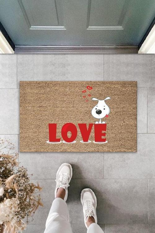 Büro Ev Ofis Kapı Önü için Baskı Kahve Kırmızı Love Yazılı Beyaz Köpek Motifli Paspas