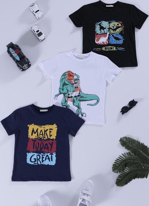3'lü Dinazor Baskılı Siyah Lacivert Beyaz Tshirt