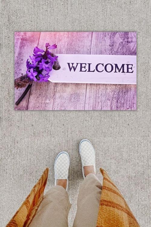 Büro Ev Ofis Dekoru için Dijital Baskı Welcome Lila Kapı Önü Paspası