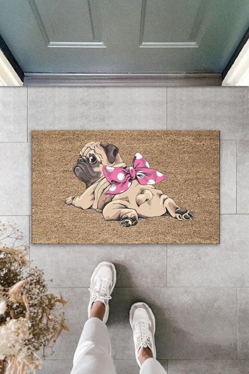 Büro Ev Ofis Kapı Önü için Baskı Kahve Pembe Fiyonklu Yüzüstü Yatan Köpek Dekor Paspas