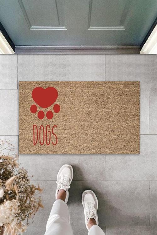 Büro Ev Ofis Kapı Önü için Baskı Kahve Kırmızı Kalpli Dogs Motifli Paspas