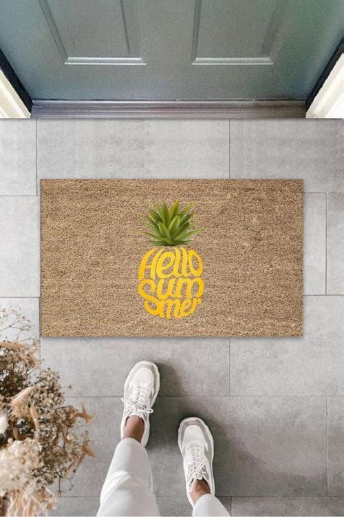 Büro Ev Ofis Dekoru için Kahverengi Kapı Önü Paspası Hello Summer Ananas