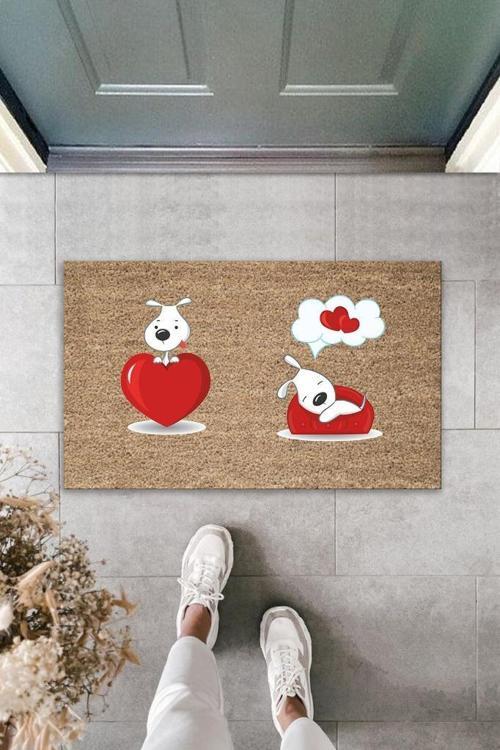 Büro Ev Ofis Kapı Önü için Baskı Kahve Kırmızı Kalpli Rüya Gören Köpekler Motifli Paspas